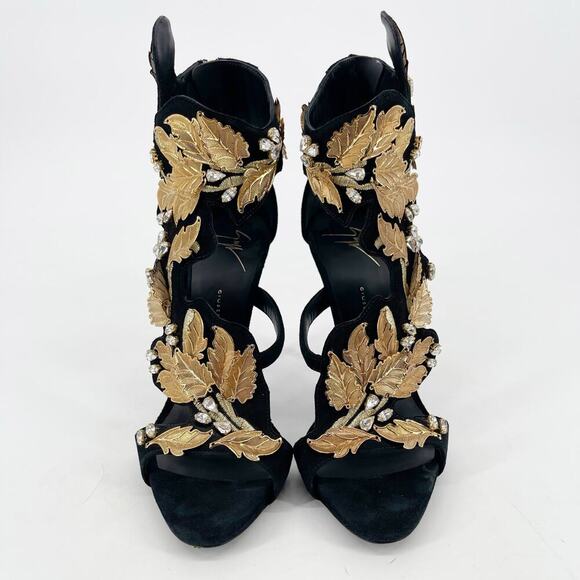 Giuseppe Zanotti Coline Black Suede Gold Leaf Crystal Heel Sandals size IT 37.5 - Picture 5 of 13